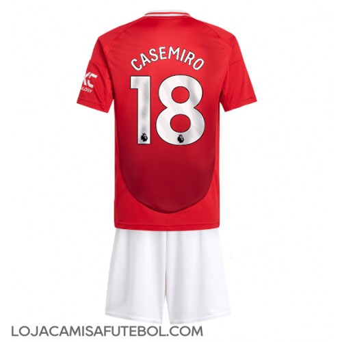 Camisa de Futebol Manchester United Casemiro #18 Equipamento Principal Infantil 2024-25 Manga Curta (+ Calças curtas)